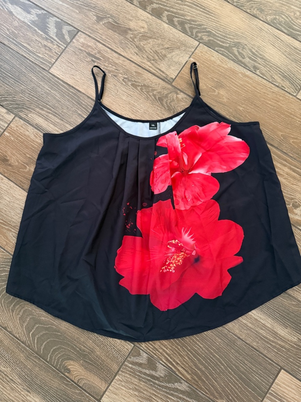 SHEIN Black Cami Top with Hibiscus Red Floral Print